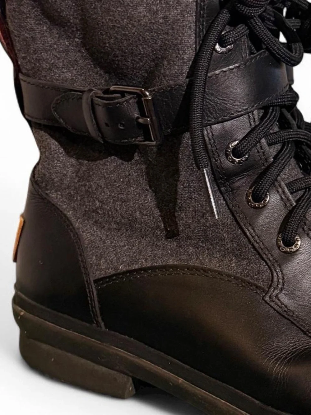 UGG Kesey Black Gray Waterproof Black Leather Gray Wool Boots Women’s Size 7.5